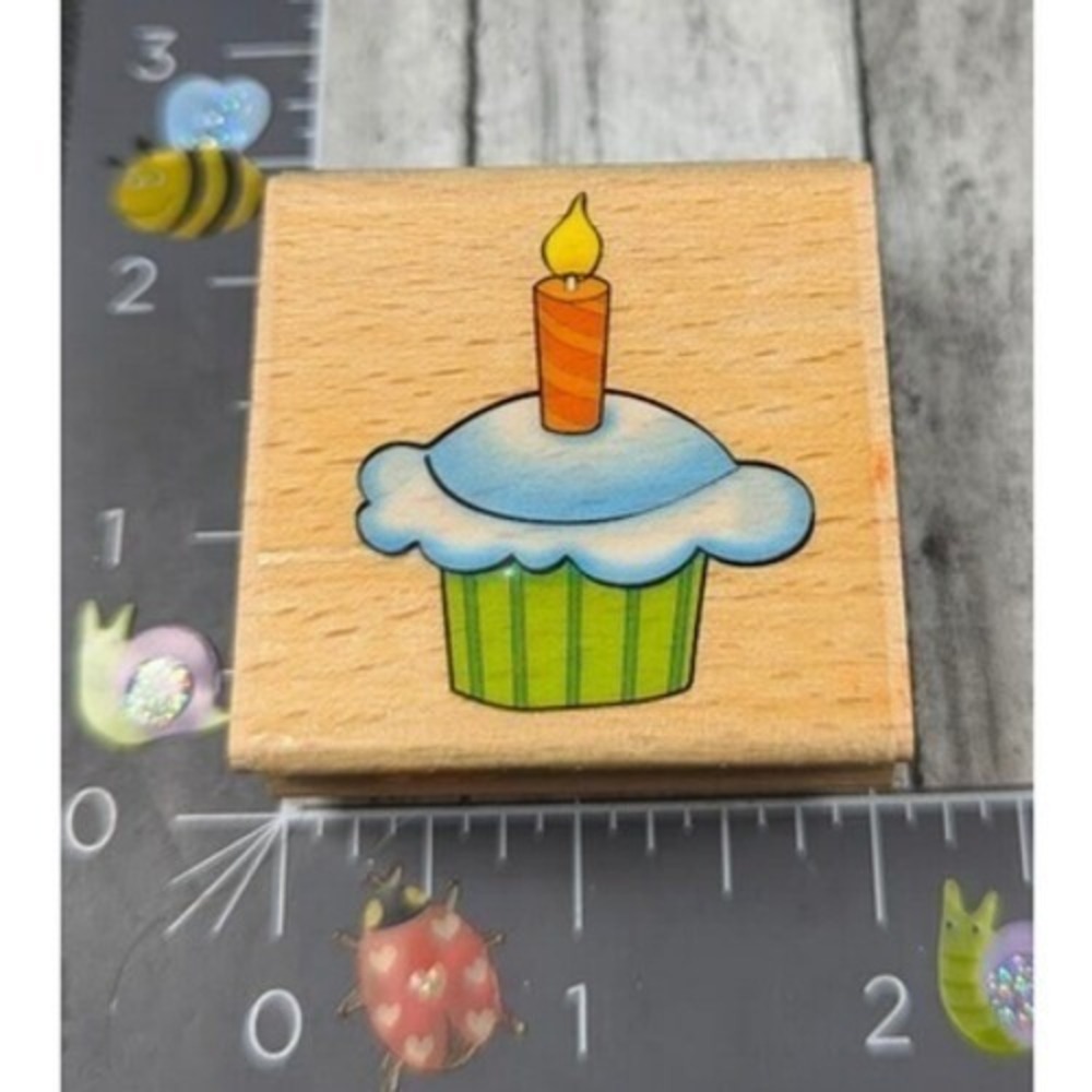 Sarah Beise Cupcake Candle Rubber Stamp Wood #A16